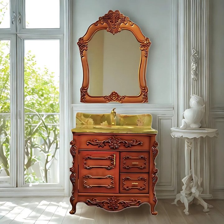 WB3201 European Style Bathroom Solid Wood Antique, Marble Countertop Cabinet