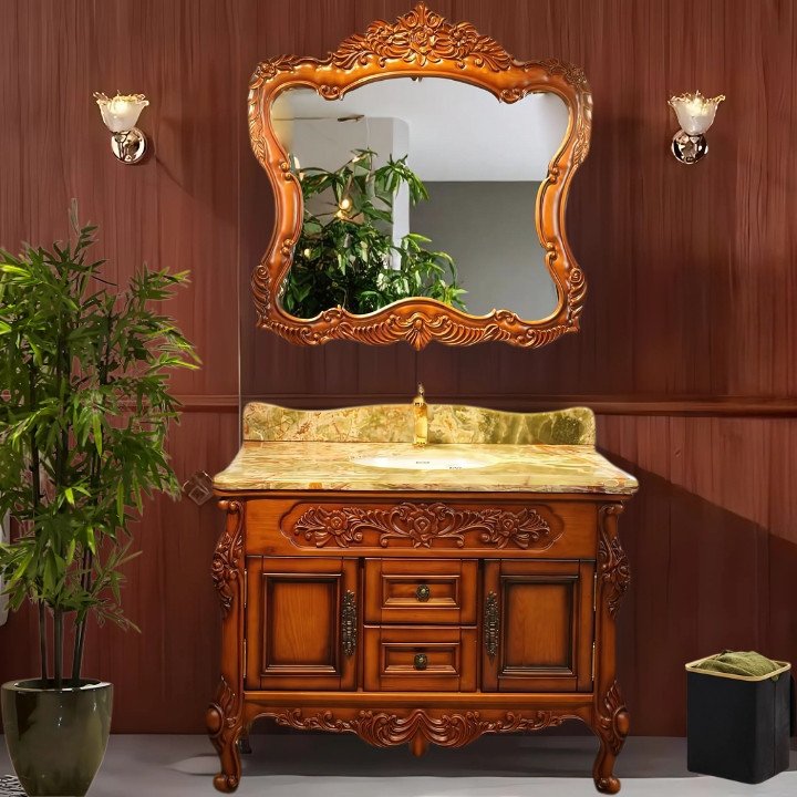 BIZZ4224-05 European Style Bathroom Solid Wood Antique, Marble Countertop Cabinet