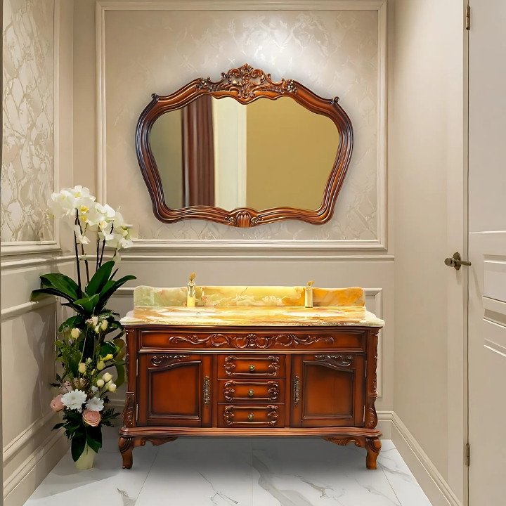 WB-32 European Style Bathroom Solid Wood Antique, Marble Countertop Cabinet