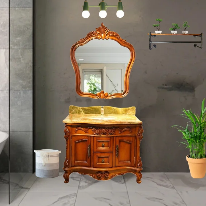 BIZZ4224-07 European Style Bathroom Solid Wood Antique, Marble Countertop Cabinet