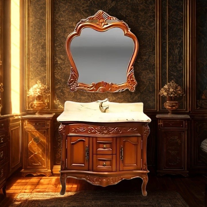 WB42002 European Style Bathroom Solid Wood Antique, Marble Countertop Cabinet