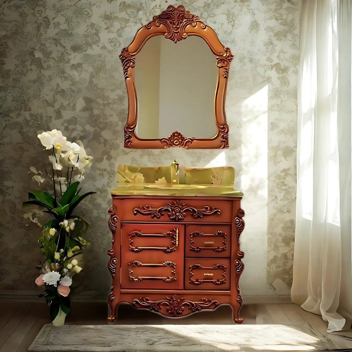 BIZZ2032-01 European Style Bathroom Solid Wood Antique, Marble Countertop Cabinet