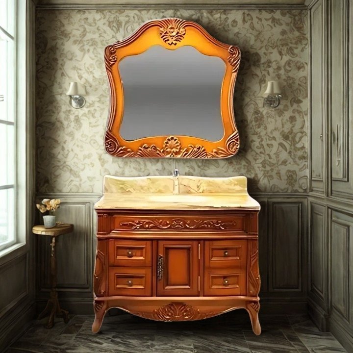 WB4201 European Style Bathroom Solid Wood Antique, Marble Countertop Cabinet