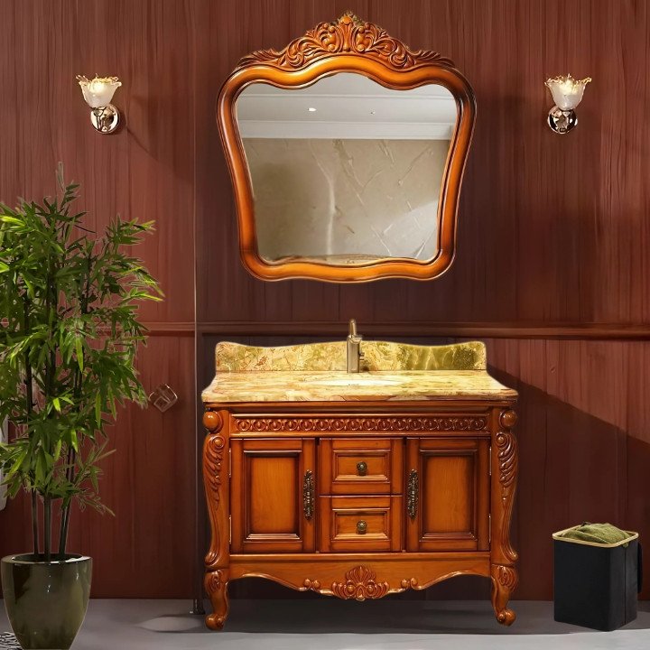 BIZZ4224-06 European Style Bathroom Solid Wood Antique, Marble Countertop Cabinet
