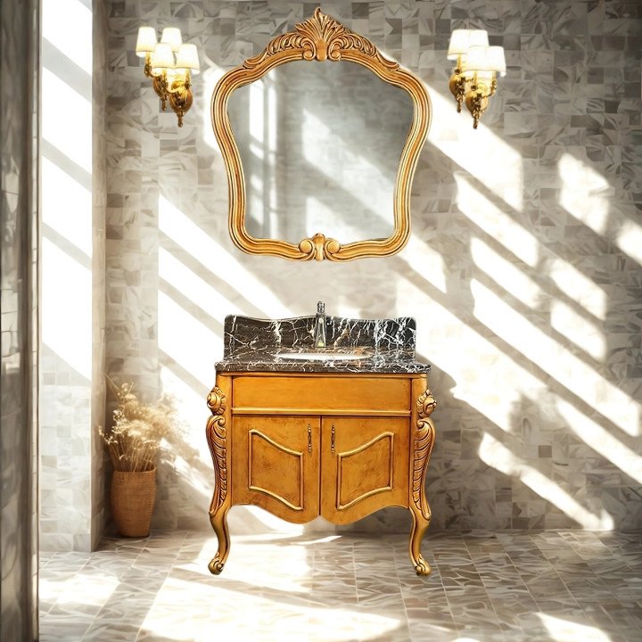 BIZZ2032-05 European Style Bathroom Solid Wood Antique, Marble Countertop Cabinet