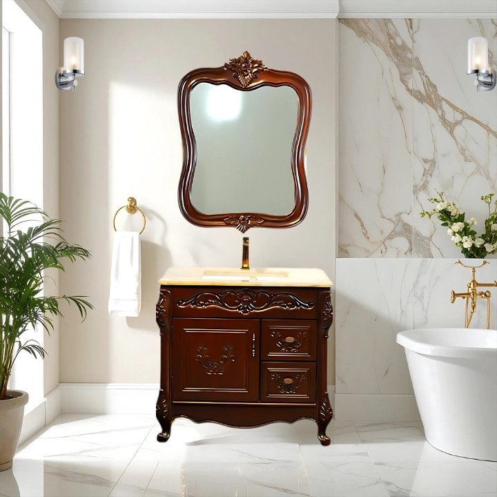 BIZZ2032-07 European Style Bathroom Solid Wood Antique, Marble Countertop Cabinet