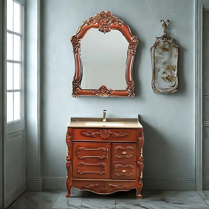 BIZZ2032-04 European Style Bathroom Solid Wood Antique, Marble Countertop Cabinet