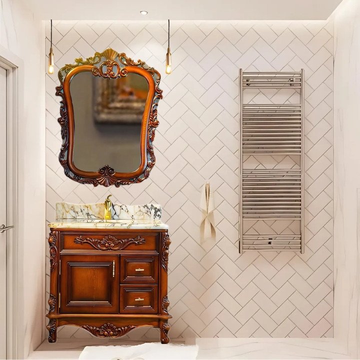 BIZZ2032-06 European Style Bathroom Solid Wood Antique, Marble Countertop Cabinet