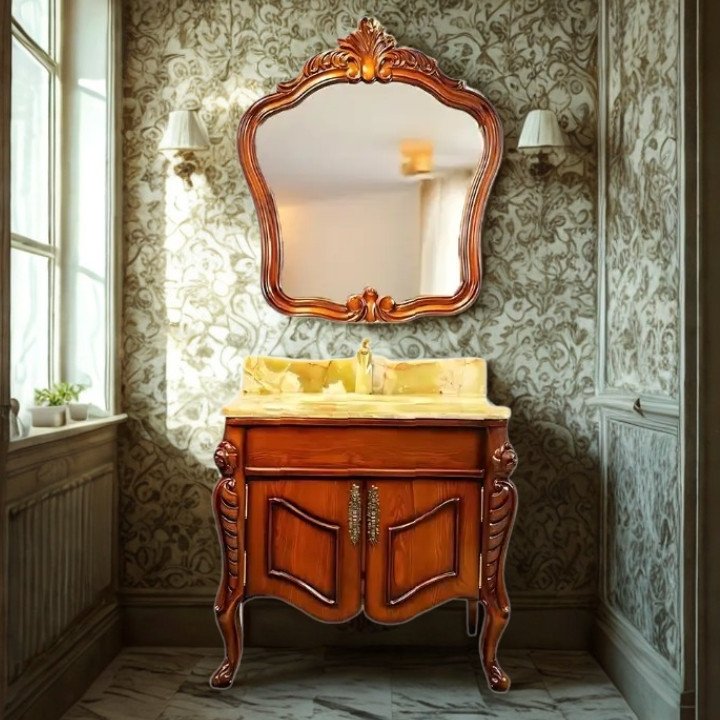 WB24001 European Style Bathroom Solid Wood Antique, Marble Countertop Cabinet