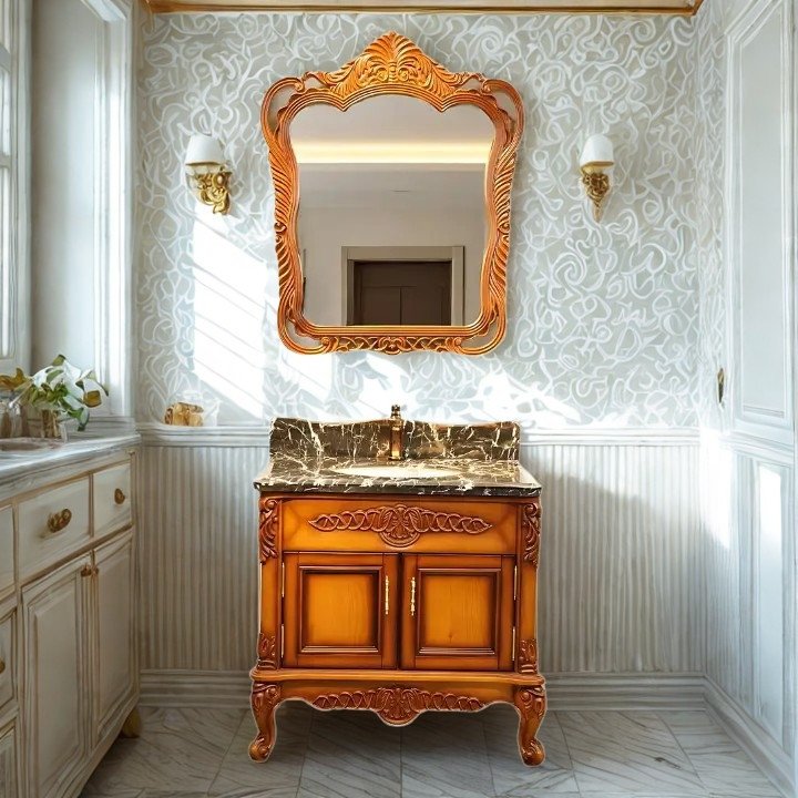 WB24002 European Style Bathroom Solid Wood Antique, Marble Countertop Cabinet