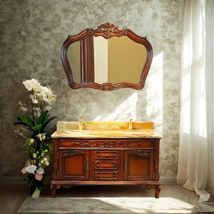 BIZZ6024-001 European Style Bathroom Solid Wood Antique, Marble Countertop Cabinet